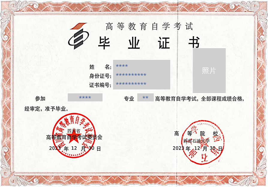 西南石油大学自考证书样本